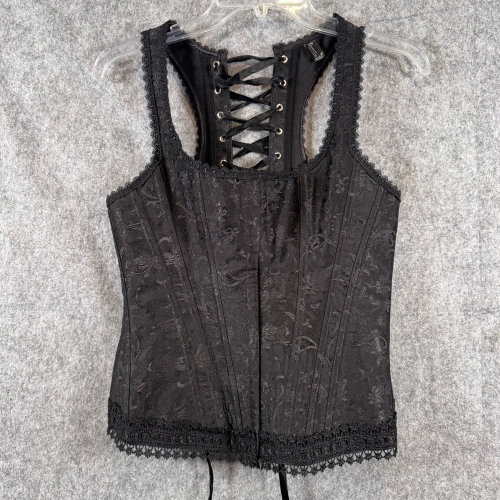 iCollection Racerback Corset Top Sz 34 Jacquard Lace Up Gothic Victorian Black